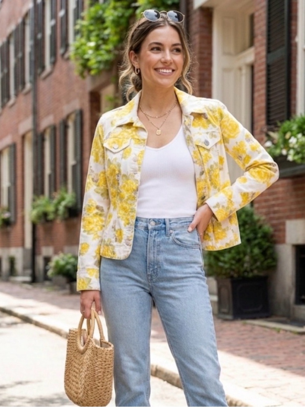Charter Club Yellow Floral Cropped Jean Jacket